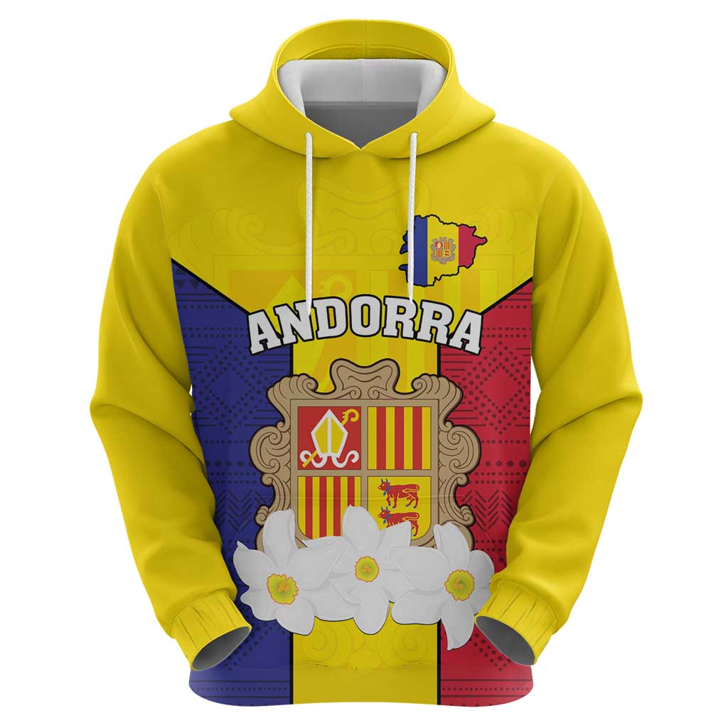 Custom Andorra Coat Of Arms Zip Hoodie Narcissus Poeticus Flowers Flag Style
