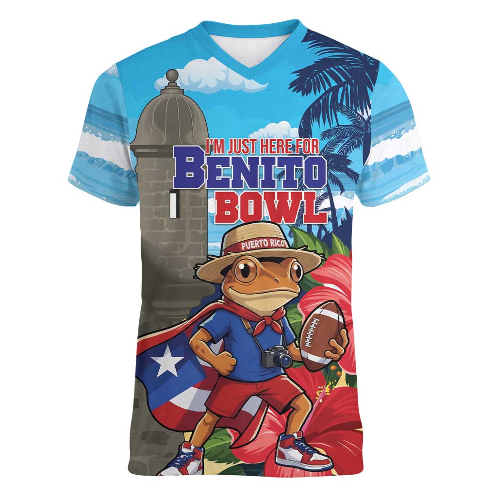 Puerto Rico Coquí Frog Women V-Neck T-Shirt Benito Bowl Halftime Show