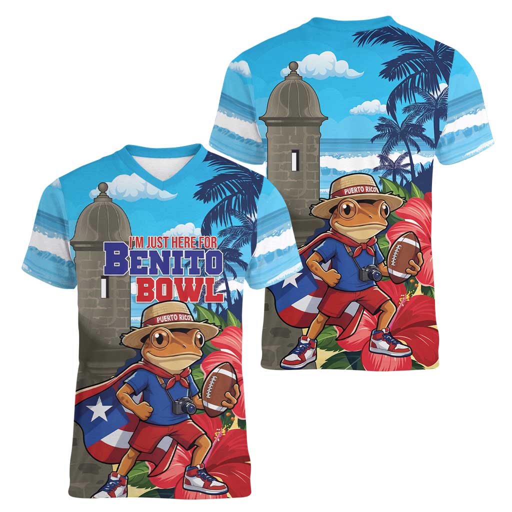 Puerto Rico Coquí Frog Women V-Neck T-Shirt Benito Bowl Halftime Show