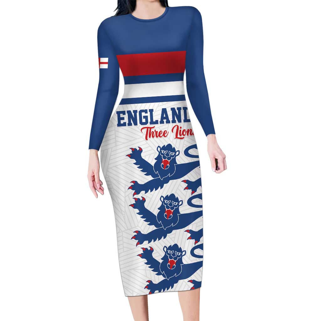 Custom England Three Lions Long Sleeve Bodycon Dress Vintage Stripe Football Fan
