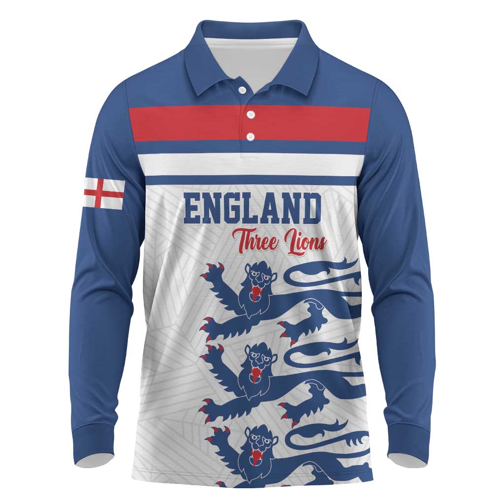 Custom England Three Lions Long Sleeve Polo Shirt Vintage Stripe Football Fan