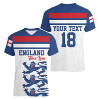 Custom England Three Lions Women V-Neck T-Shirt Vintage Stripe Football Fan