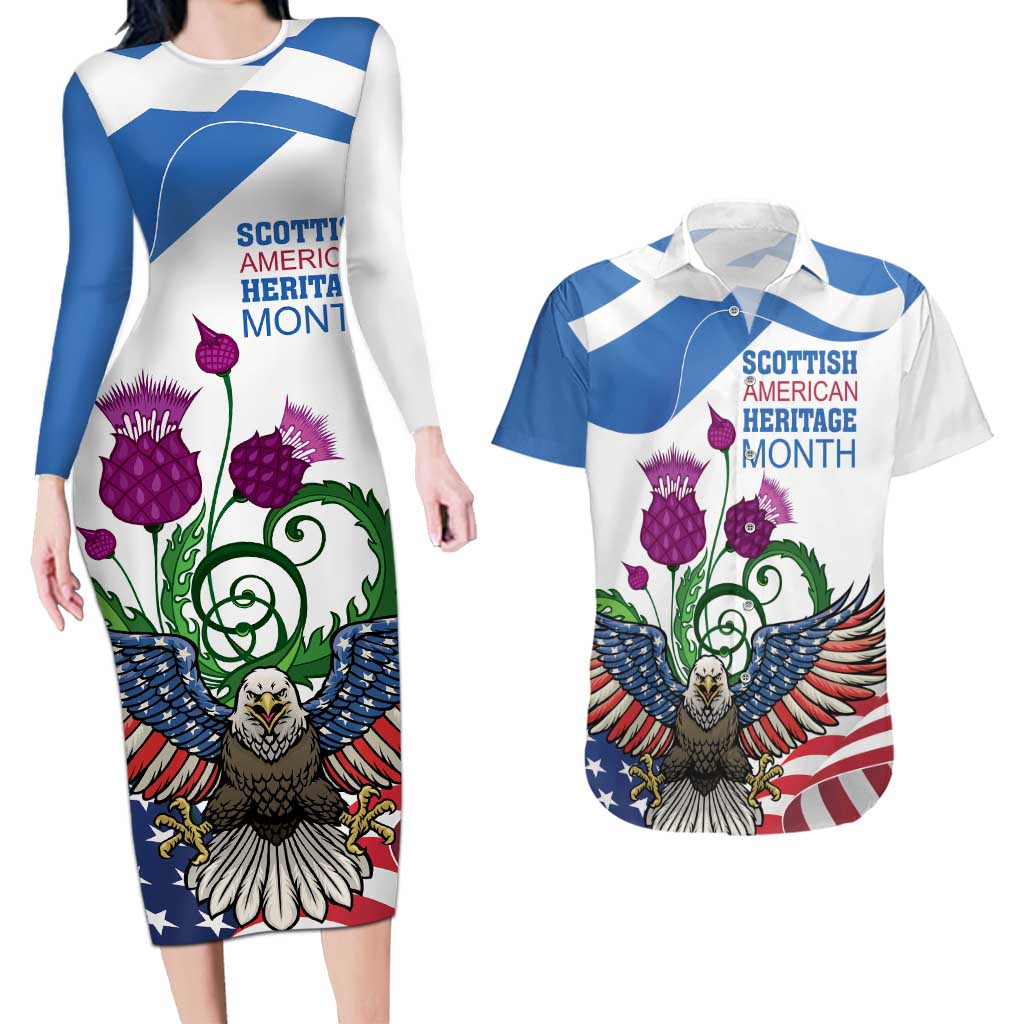 Scottish American Heritage Month Couples Matching Long Sleeve Bodycon Dress and Hawaiian Shirt Thistle And American Eagle