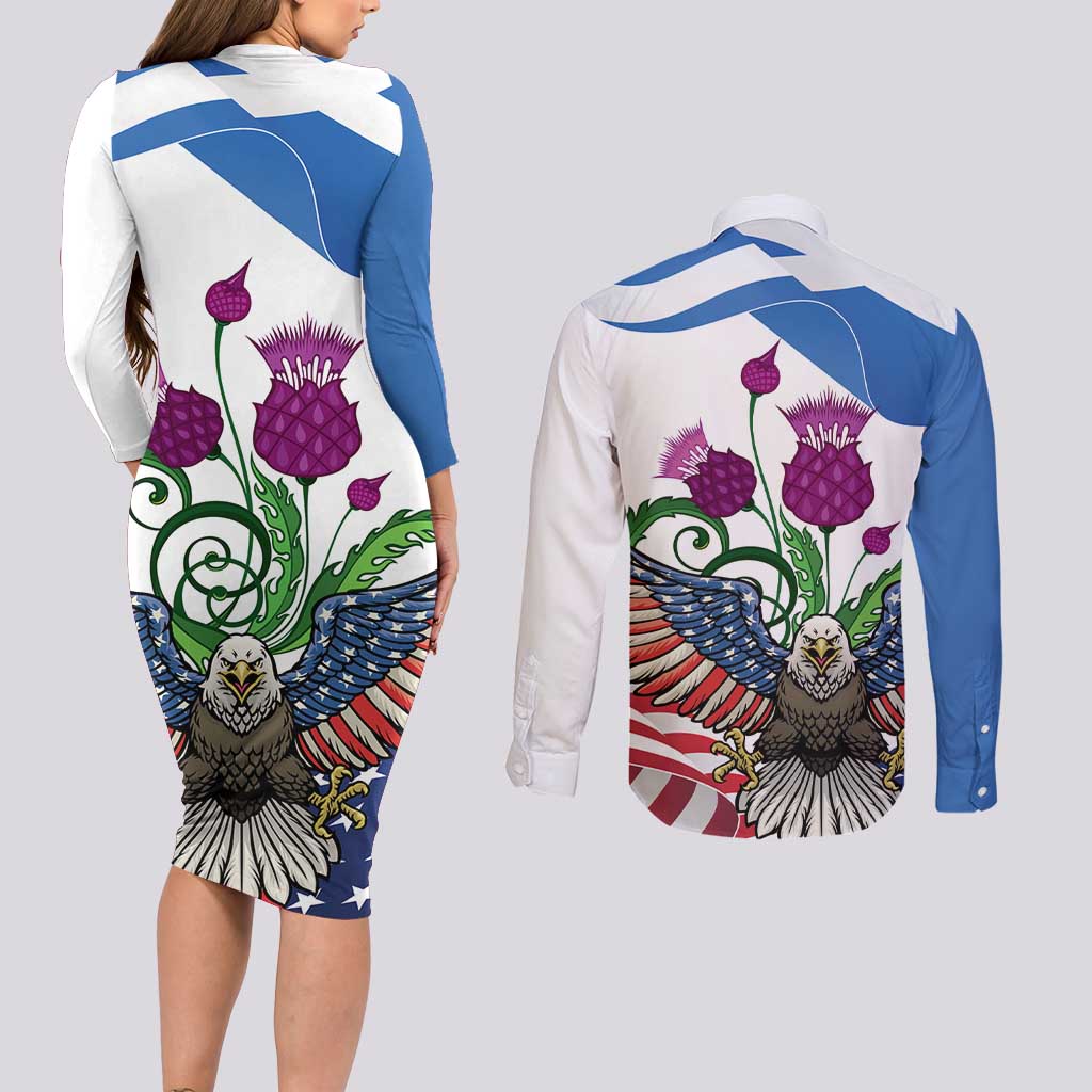 Scottish American Heritage Month Couples Matching Long Sleeve Bodycon Dress and Long Sleeve Button Shirt Thistle And American Eagle