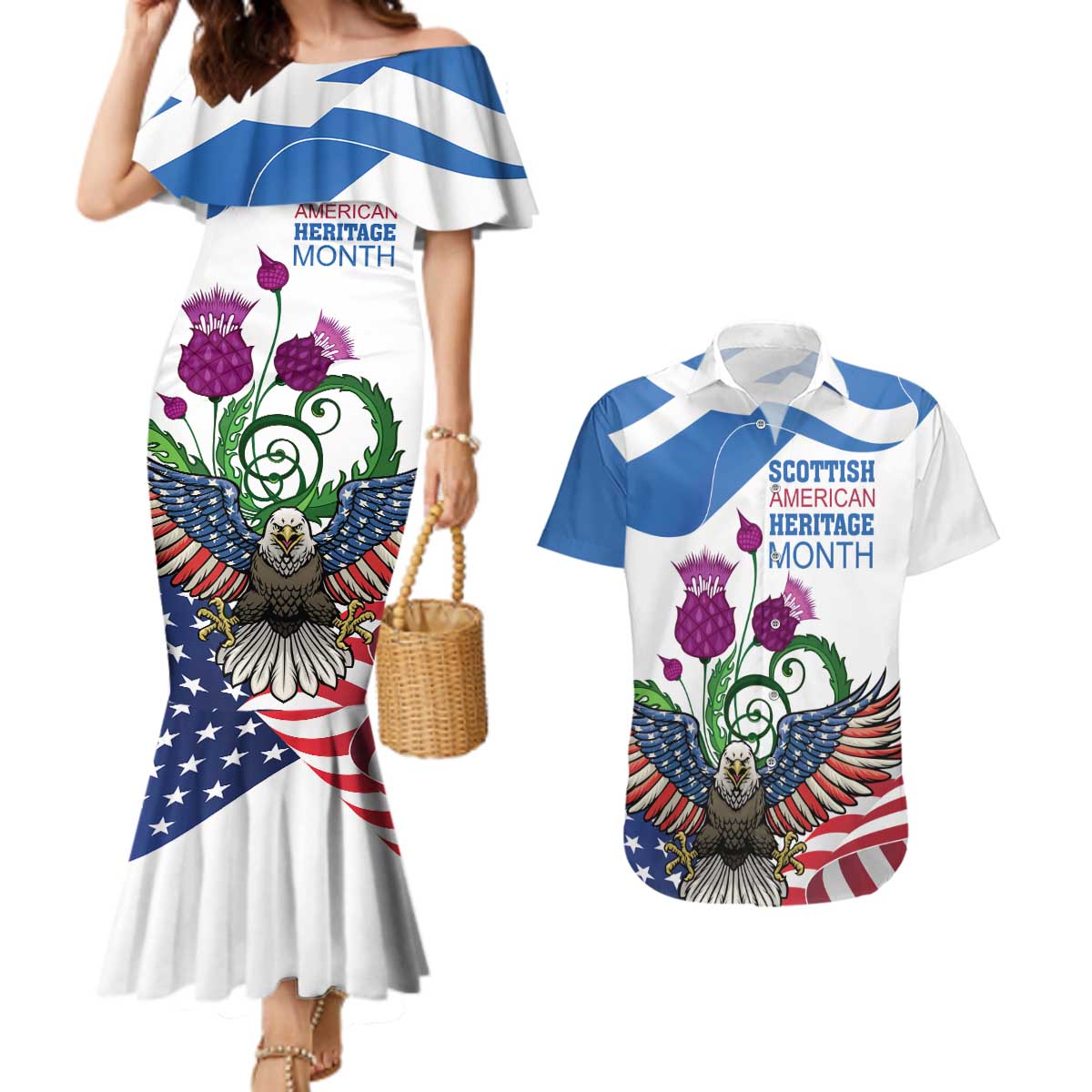 Scottish American Heritage Month Couples Matching Mermaid Dress and Hawaiian Shirt Thistle And American Eagle