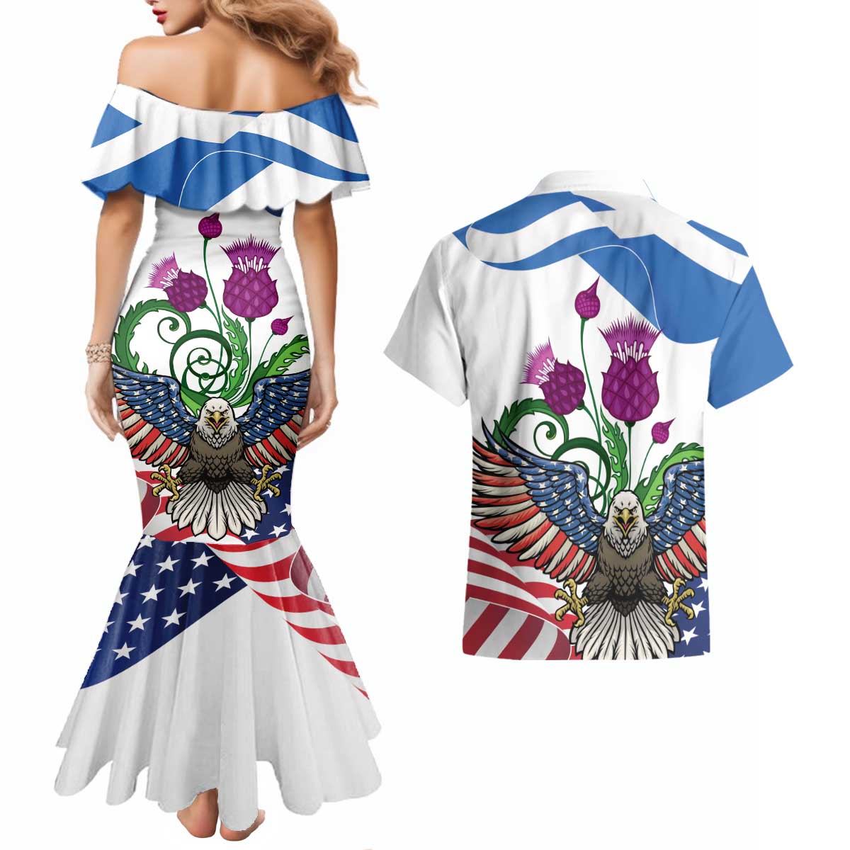 Scottish American Heritage Month Couples Matching Mermaid Dress and Hawaiian Shirt Thistle And American Eagle