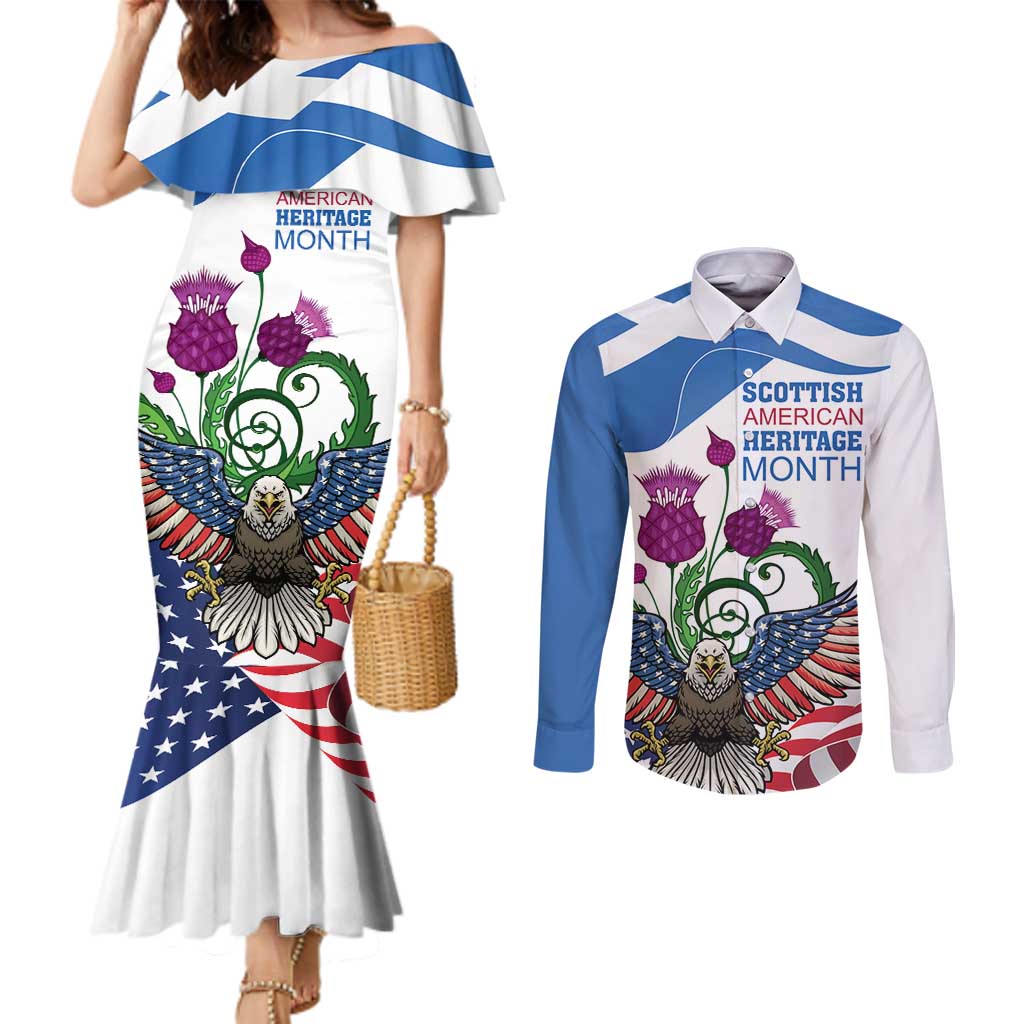 Scottish American Heritage Month Couples Matching Mermaid Dress and Long Sleeve Button Shirt Thistle And American Eagle