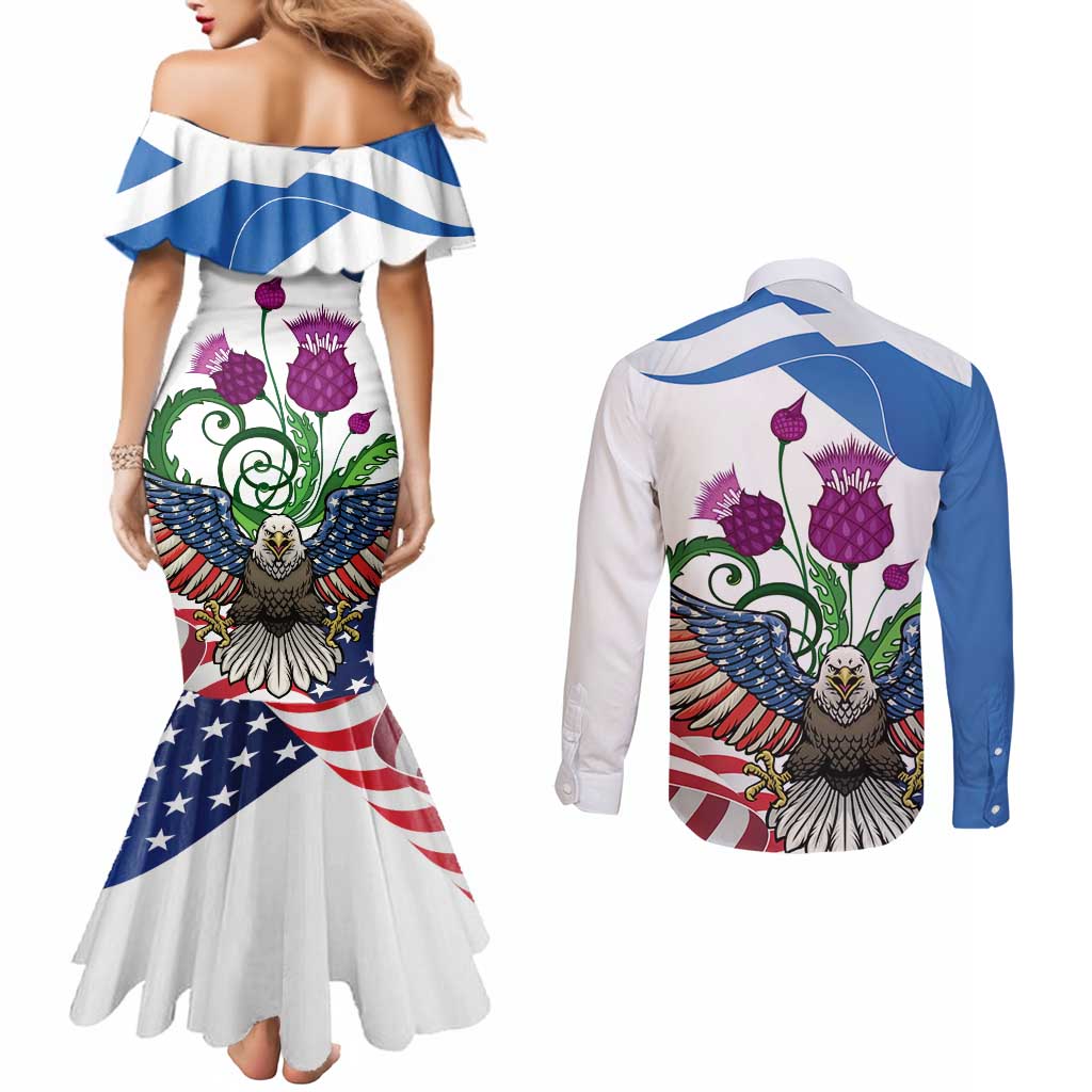 Scottish American Heritage Month Couples Matching Mermaid Dress and Long Sleeve Button Shirt Thistle And American Eagle