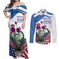 Scottish American Heritage Month Couples Matching Off Shoulder Maxi Dress and Long Sleeve Button Shirt Thistle And American Eagle