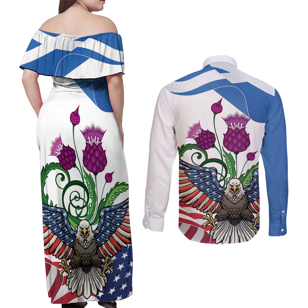 Scottish American Heritage Month Couples Matching Off Shoulder Maxi Dress and Long Sleeve Button Shirt Thistle And American Eagle