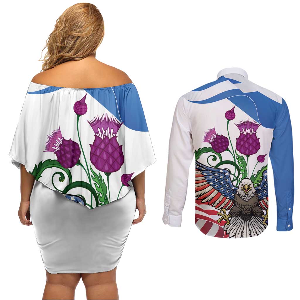 Scottish American Heritage Month Couples Matching Off Shoulder Short Dress and Long Sleeve Button Shirt Thistle And American Eagle