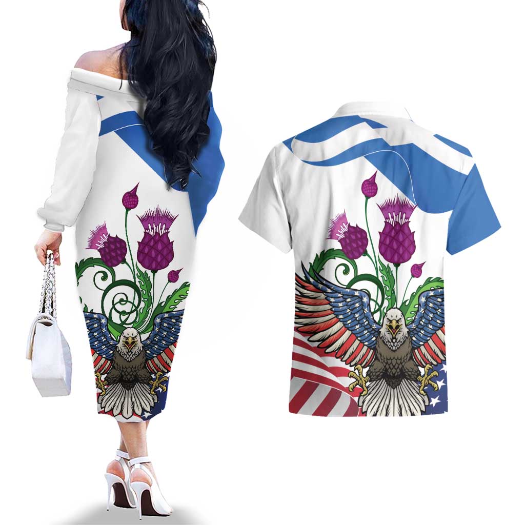 Scottish American Heritage Month Couples Matching Off The Shoulder Long Sleeve Dress and Hawaiian Shirt Thistle And American Eagle