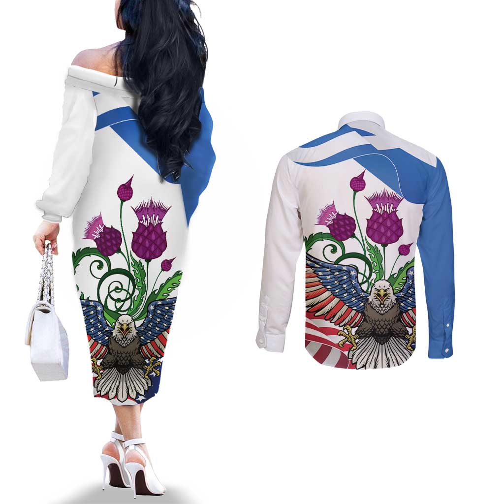 Scottish American Heritage Month Couples Matching Off The Shoulder Long Sleeve Dress and Long Sleeve Button Shirt Thistle And American Eagle
