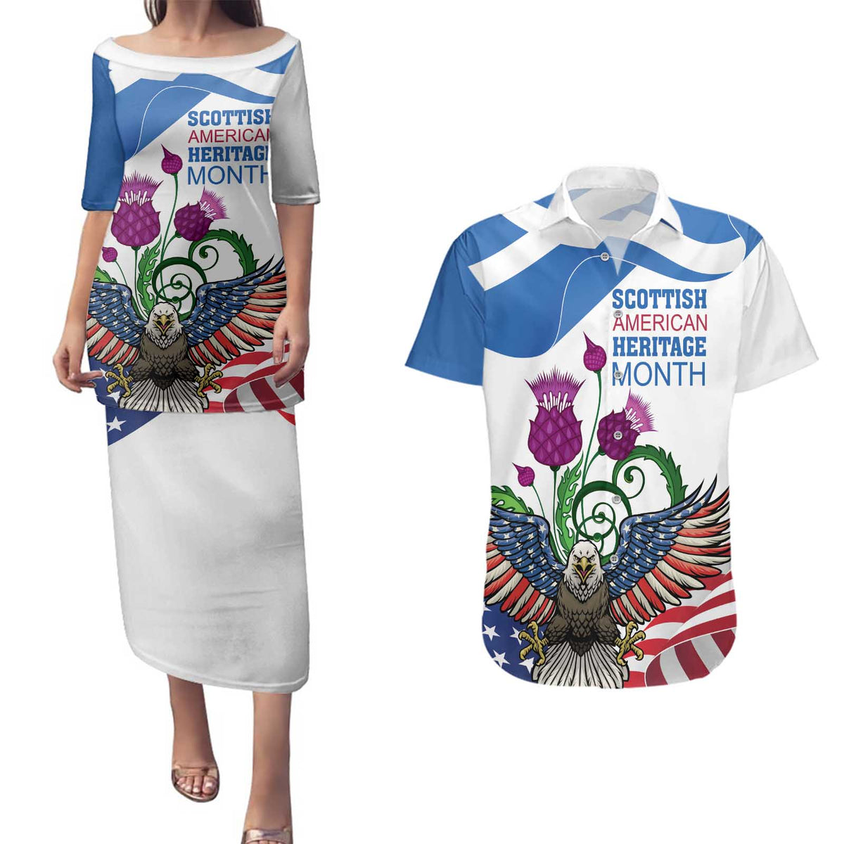 Scottish American Heritage Month Couples Matching Puletasi and Hawaiian Shirt Thistle And American Eagle