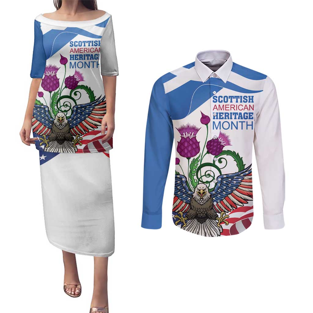 Scottish American Heritage Month Couples Matching Puletasi and Long Sleeve Button Shirt Thistle And American Eagle