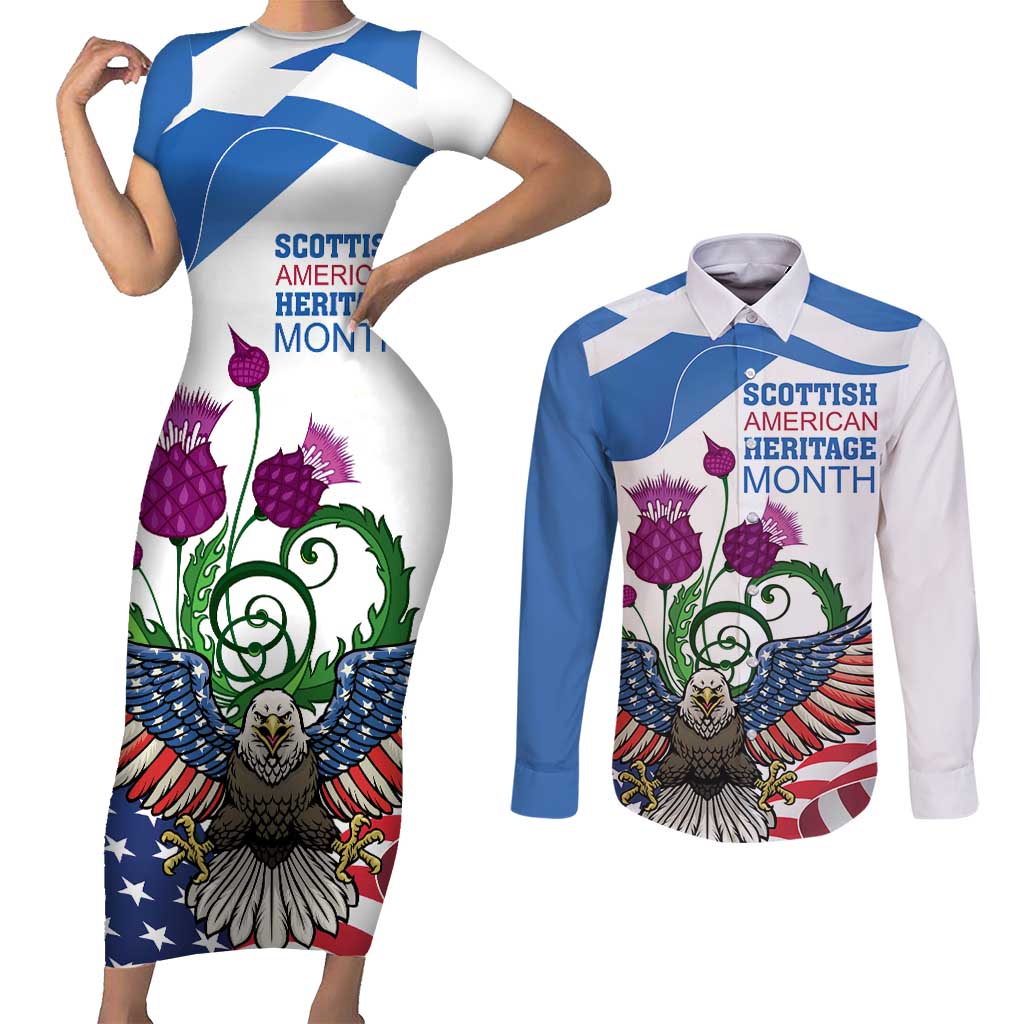 Scottish American Heritage Month Couples Matching Short Sleeve Bodycon Dress and Long Sleeve Button Shirt Thistle And American Eagle