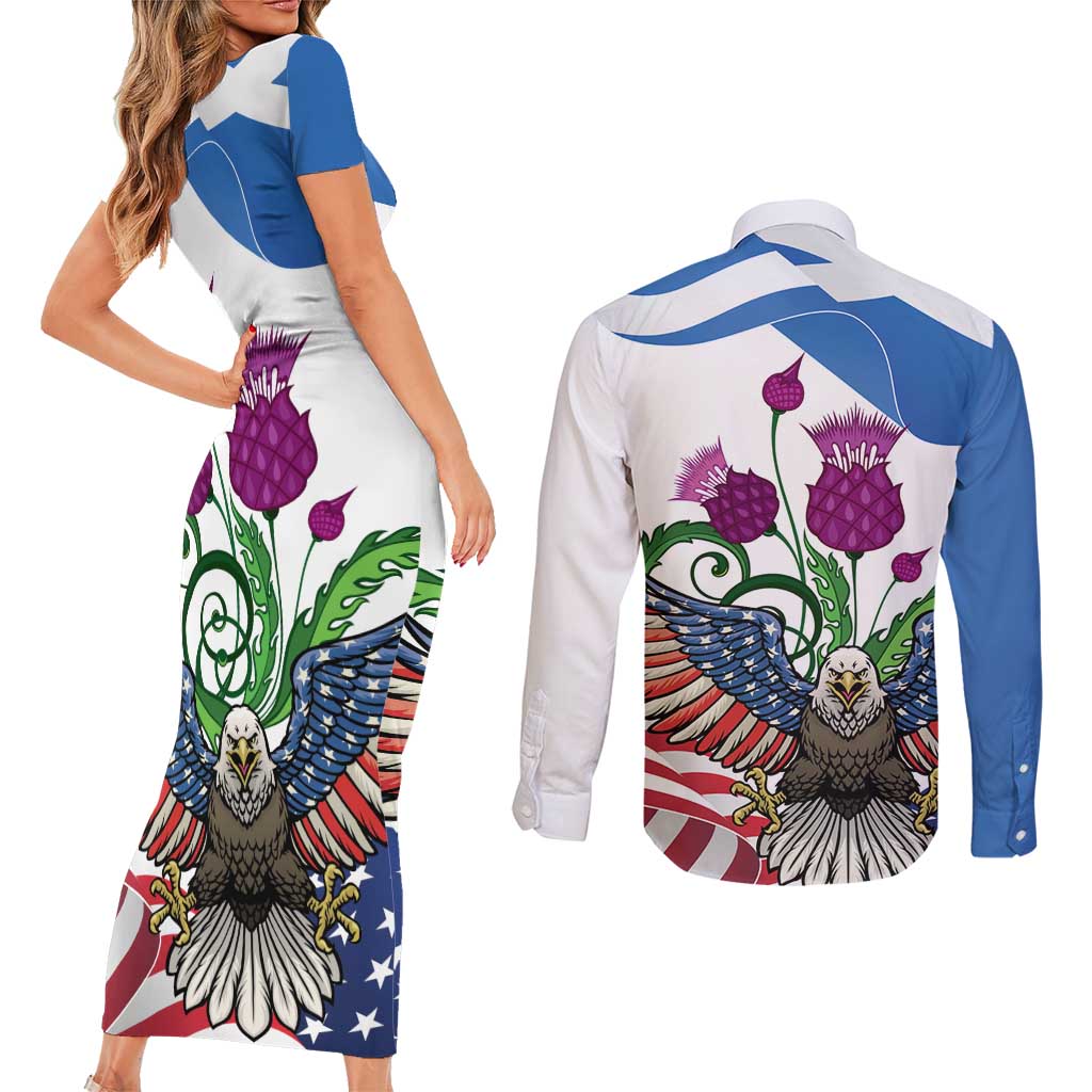 Scottish American Heritage Month Couples Matching Short Sleeve Bodycon Dress and Long Sleeve Button Shirt Thistle And American Eagle