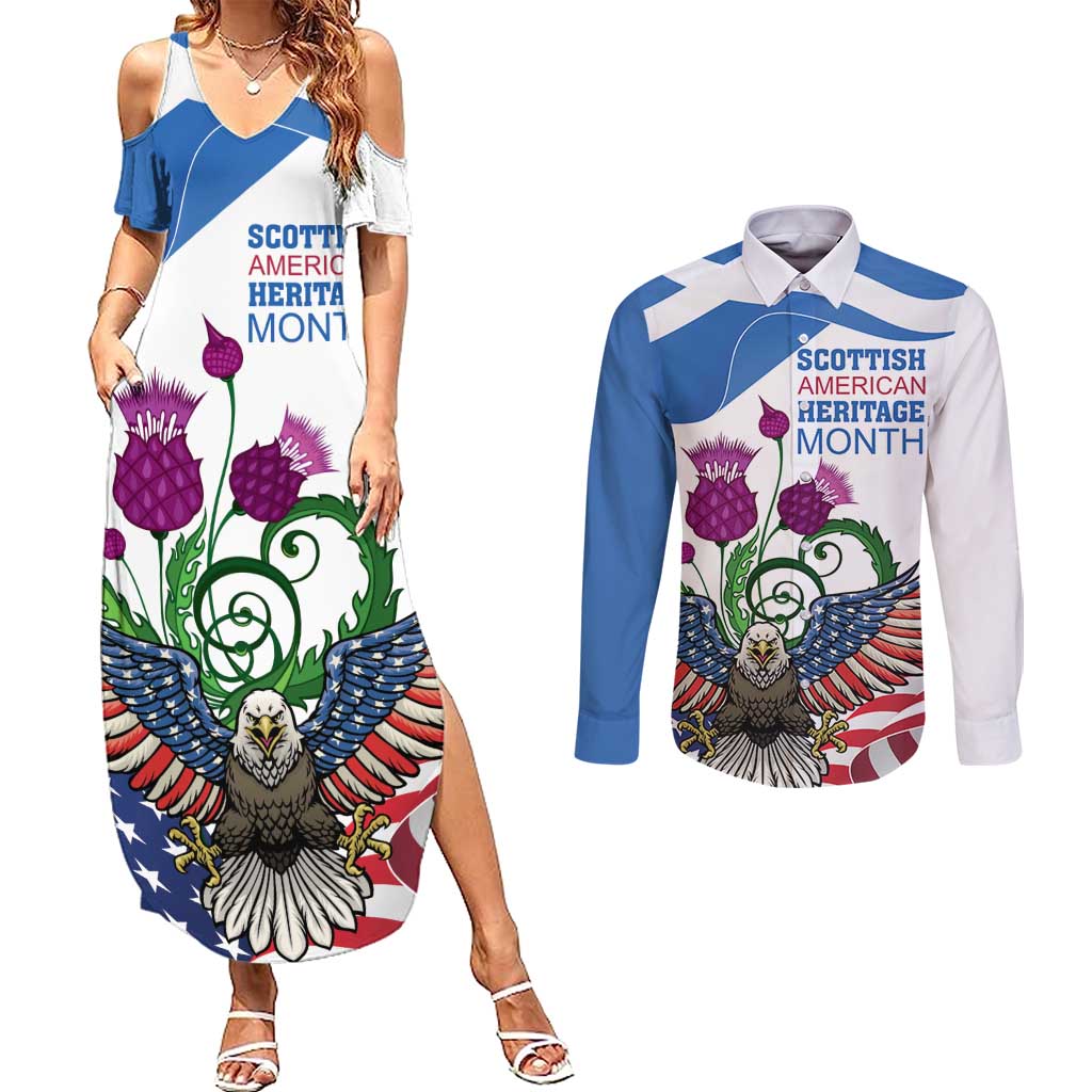 Scottish American Heritage Month Couples Matching Summer Maxi Dress and Long Sleeve Button Shirt Thistle And American Eagle