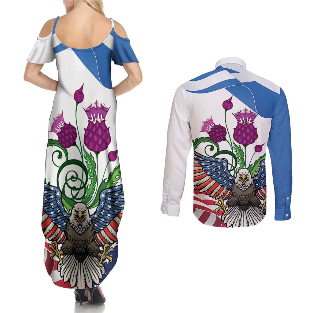Scottish American Heritage Month Couples Matching Summer Maxi Dress and Long Sleeve Button Shirt Thistle And American Eagle