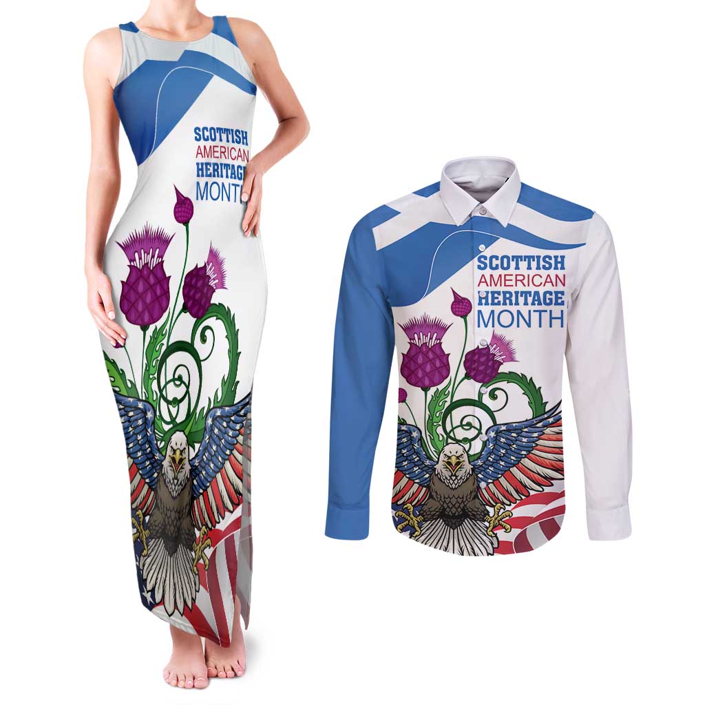 Scottish American Heritage Month Couples Matching Tank Maxi Dress and Long Sleeve Button Shirt Thistle And American Eagle