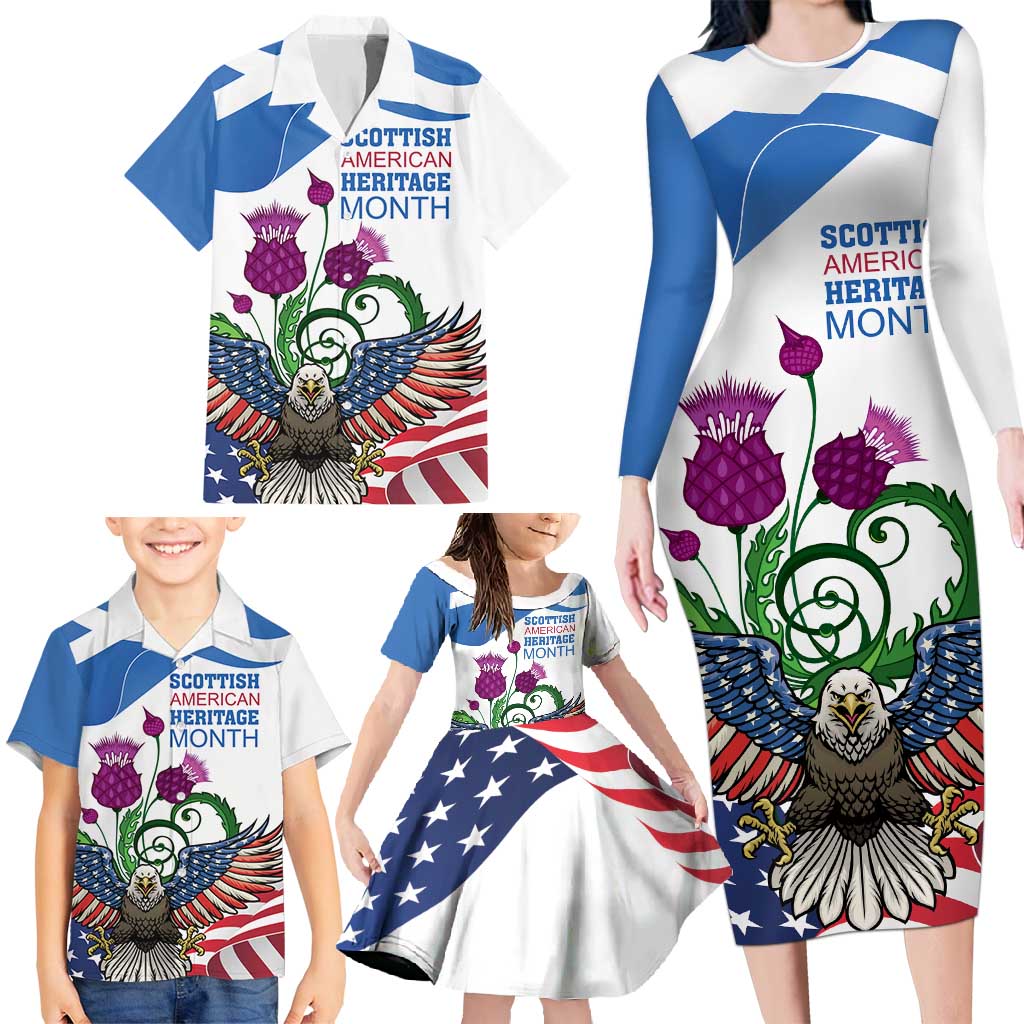Scottish American Heritage Month Family Matching Long Sleeve Bodycon Dress and Hawaiian Shirt Thistle And American Eagle