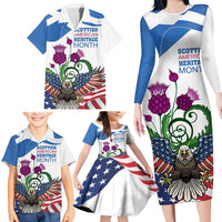 Scottish American Heritage Month Family Matching Long Sleeve Bodycon Dress and Hawaiian Shirt Thistle And American Eagle
