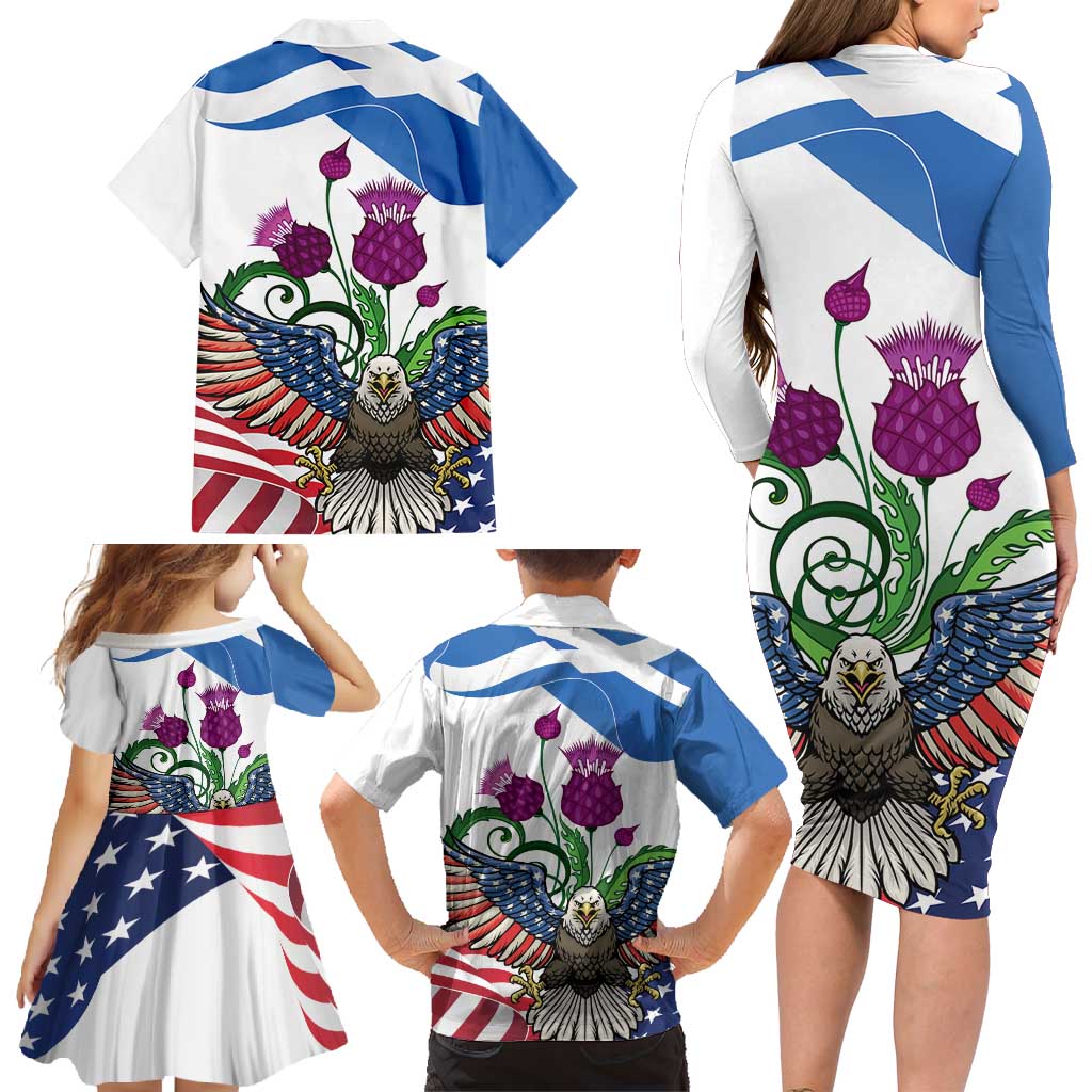 Scottish American Heritage Month Family Matching Long Sleeve Bodycon Dress and Hawaiian Shirt Thistle And American Eagle