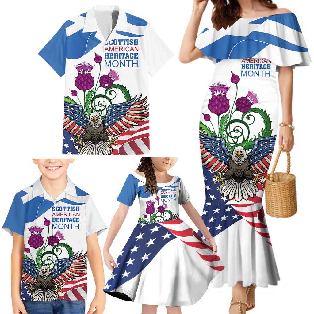 Scottish American Heritage Month Family Matching Mermaid Dress and Hawaiian Shirt Thistle And American Eagle