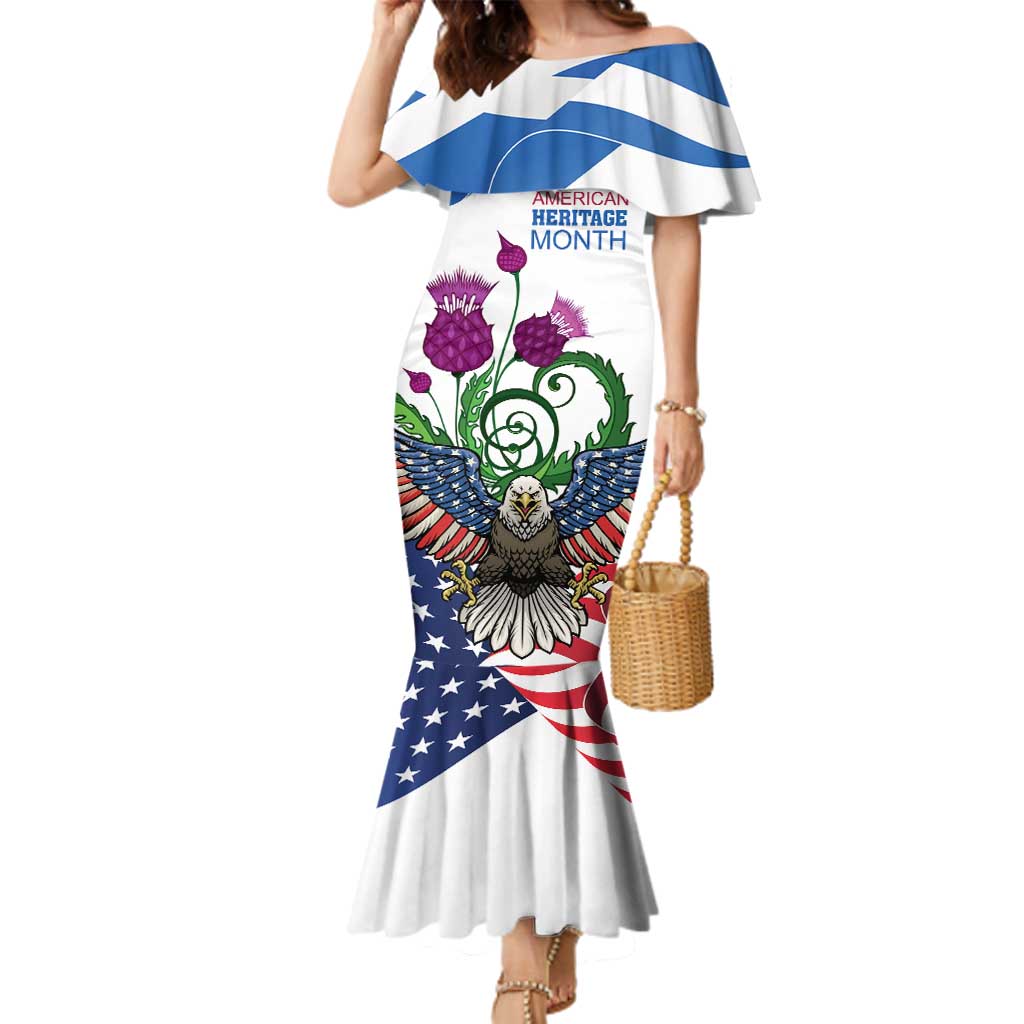 Scottish American Heritage Month Family Matching Mermaid Dress and Hawaiian Shirt Thistle And American Eagle