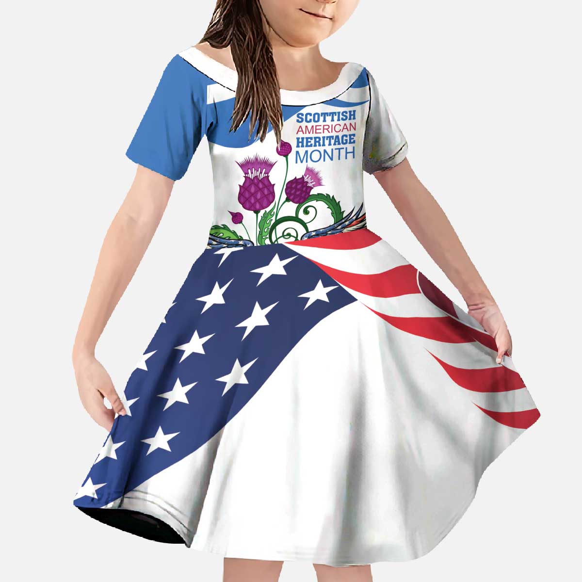 Scottish American Heritage Month Family Matching Off The Shoulder Long Sleeve Dress and Hawaiian Shirt Thistle And American Eagle