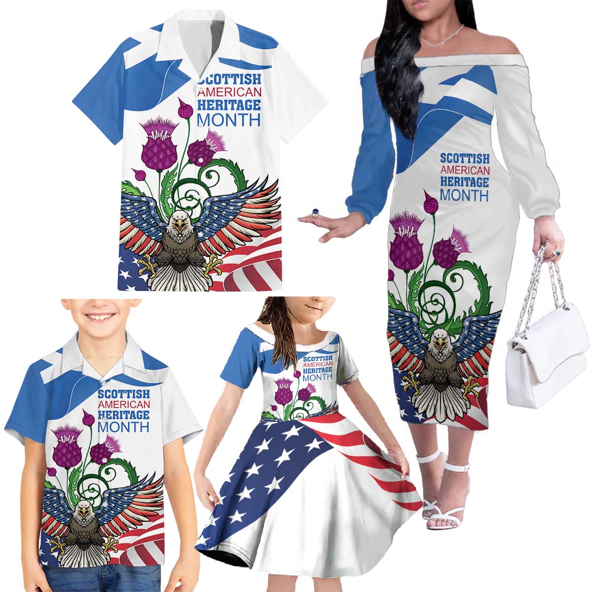 Scottish American Heritage Month Family Matching Off The Shoulder Long Sleeve Dress and Hawaiian Shirt Thistle And American Eagle