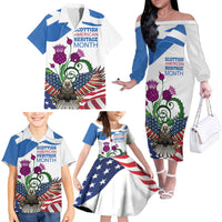 Scottish American Heritage Month Family Matching Off The Shoulder Long Sleeve Dress and Hawaiian Shirt Thistle And American Eagle