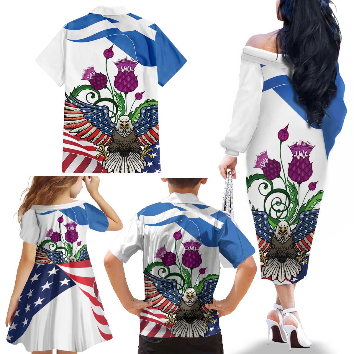 Scottish American Heritage Month Family Matching Off The Shoulder Long Sleeve Dress and Hawaiian Shirt Thistle And American Eagle
