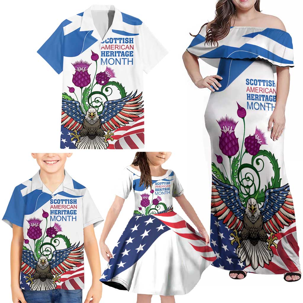 Scottish American Heritage Month Family Matching Off Shoulder Maxi Dress and Hawaiian Shirt Thistle And American Eagle