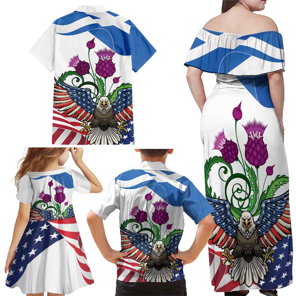 Scottish American Heritage Month Family Matching Off Shoulder Maxi Dress and Hawaiian Shirt Thistle And American Eagle
