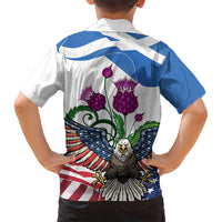 Scottish American Heritage Month Family Matching Off Shoulder Short Dress and Hawaiian Shirt Thistle And American Eagle