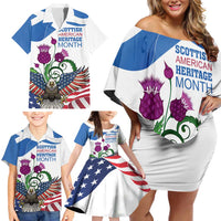 Scottish American Heritage Month Family Matching Off Shoulder Short Dress and Hawaiian Shirt Thistle And American Eagle