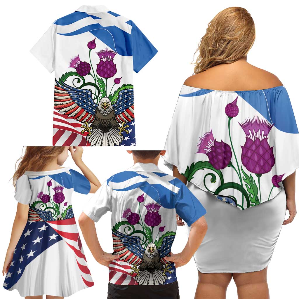 Scottish American Heritage Month Family Matching Off Shoulder Short Dress and Hawaiian Shirt Thistle And American Eagle