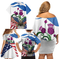 Scottish American Heritage Month Family Matching Off Shoulder Short Dress and Hawaiian Shirt Thistle And American Eagle