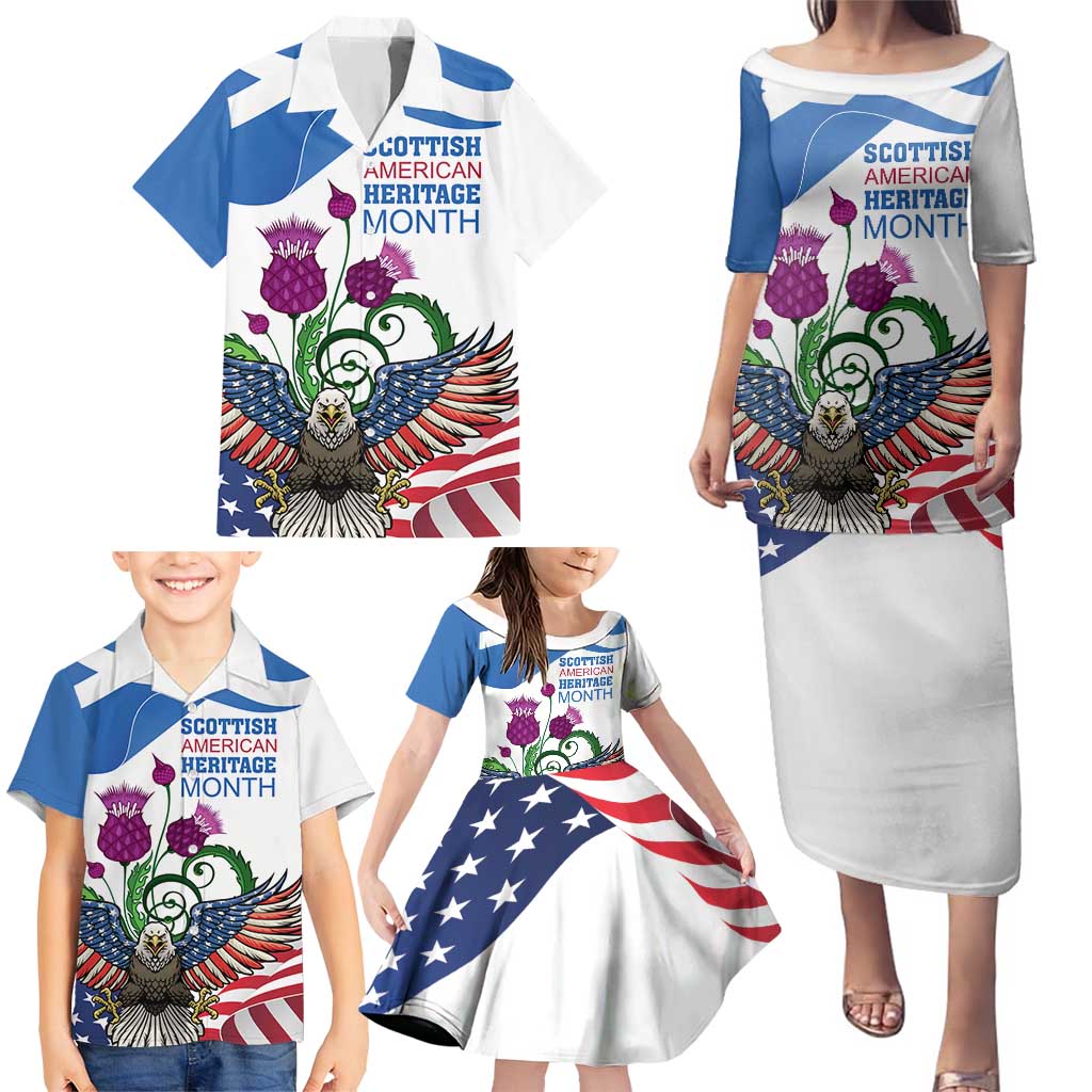 Scottish American Heritage Month Family Matching Puletasi and Hawaiian Shirt Thistle And American Eagle