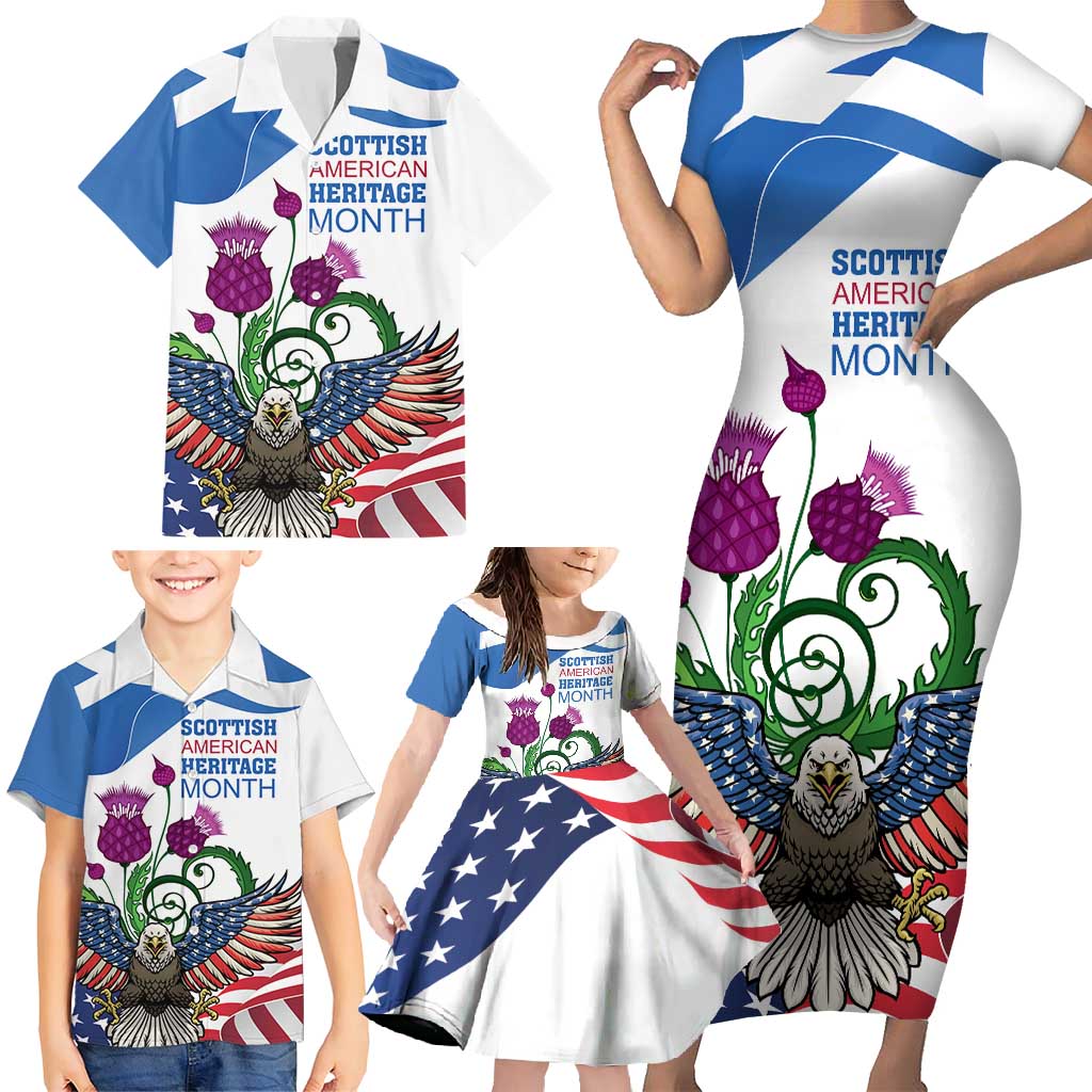 Scottish American Heritage Month Family Matching Short Sleeve Bodycon Dress and Hawaiian Shirt Thistle And American Eagle