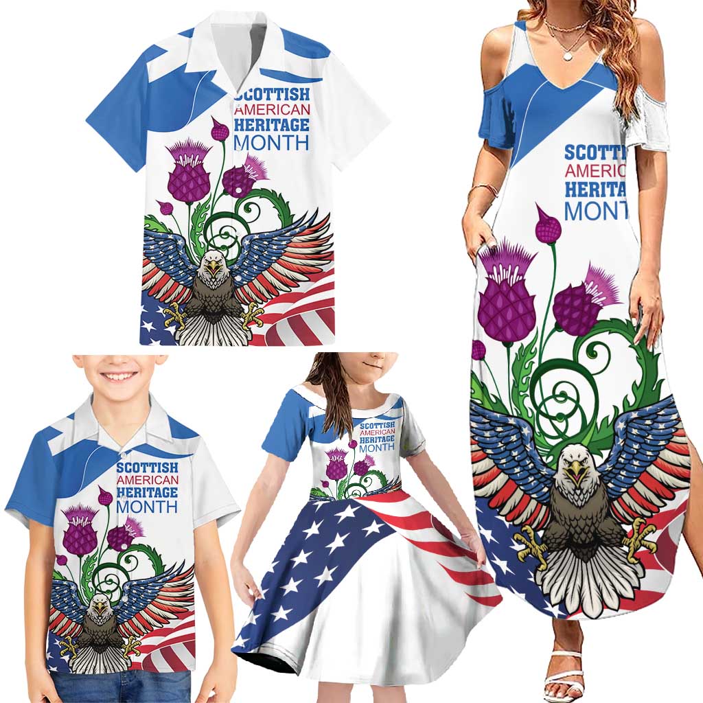 Scottish American Heritage Month Family Matching Summer Maxi Dress and Hawaiian Shirt Thistle And American Eagle
