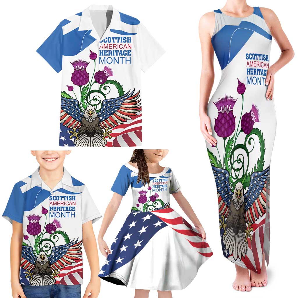 Scottish American Heritage Month Family Matching Tank Maxi Dress and Hawaiian Shirt Thistle And American Eagle