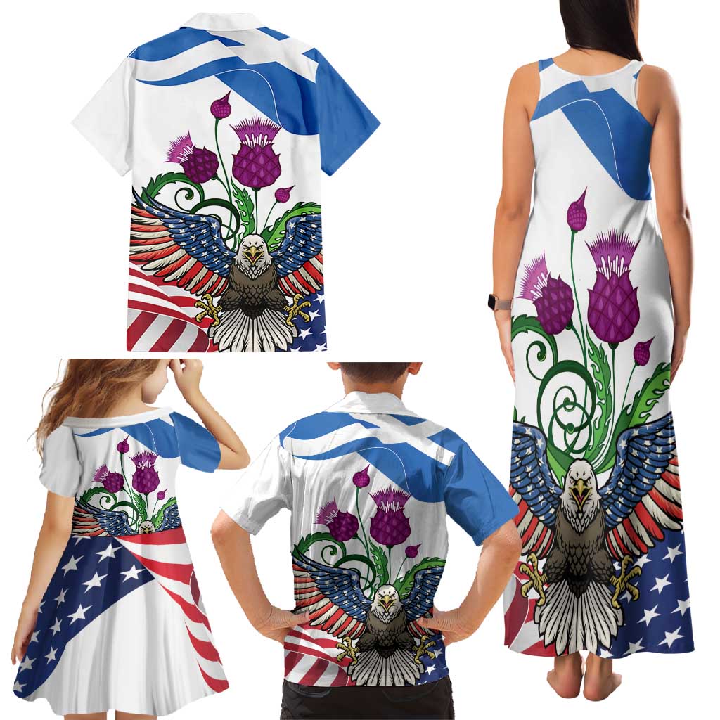 Scottish American Heritage Month Family Matching Tank Maxi Dress and Hawaiian Shirt Thistle And American Eagle