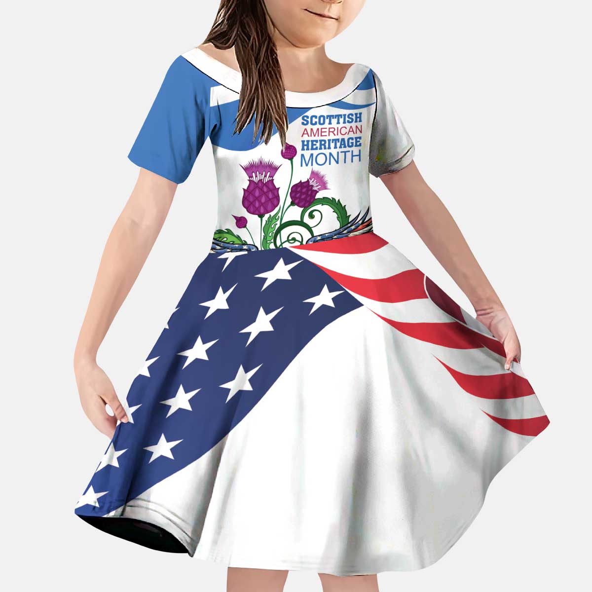 Scottish American Heritage Month Kid Short Sleeve Dress Thistle And American Eagle