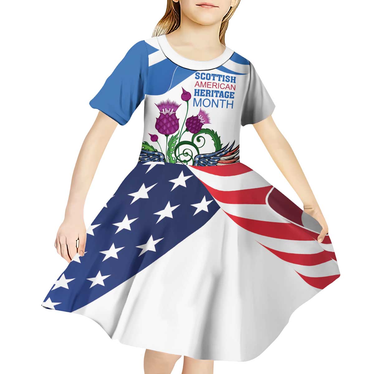 Scottish American Heritage Month Kid Short Sleeve Dress Thistle And American Eagle