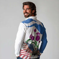 Scottish American Heritage Month Long Sleeve Polo Shirt Thistle And American Eagle