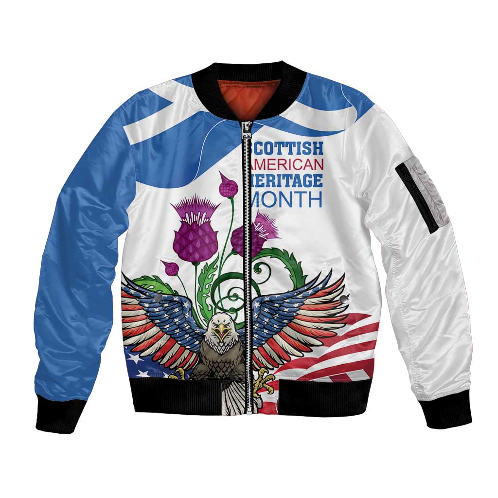Scottish American Heritage Month Sleeve Zip Bomber Jacket Thistle And American Eagle