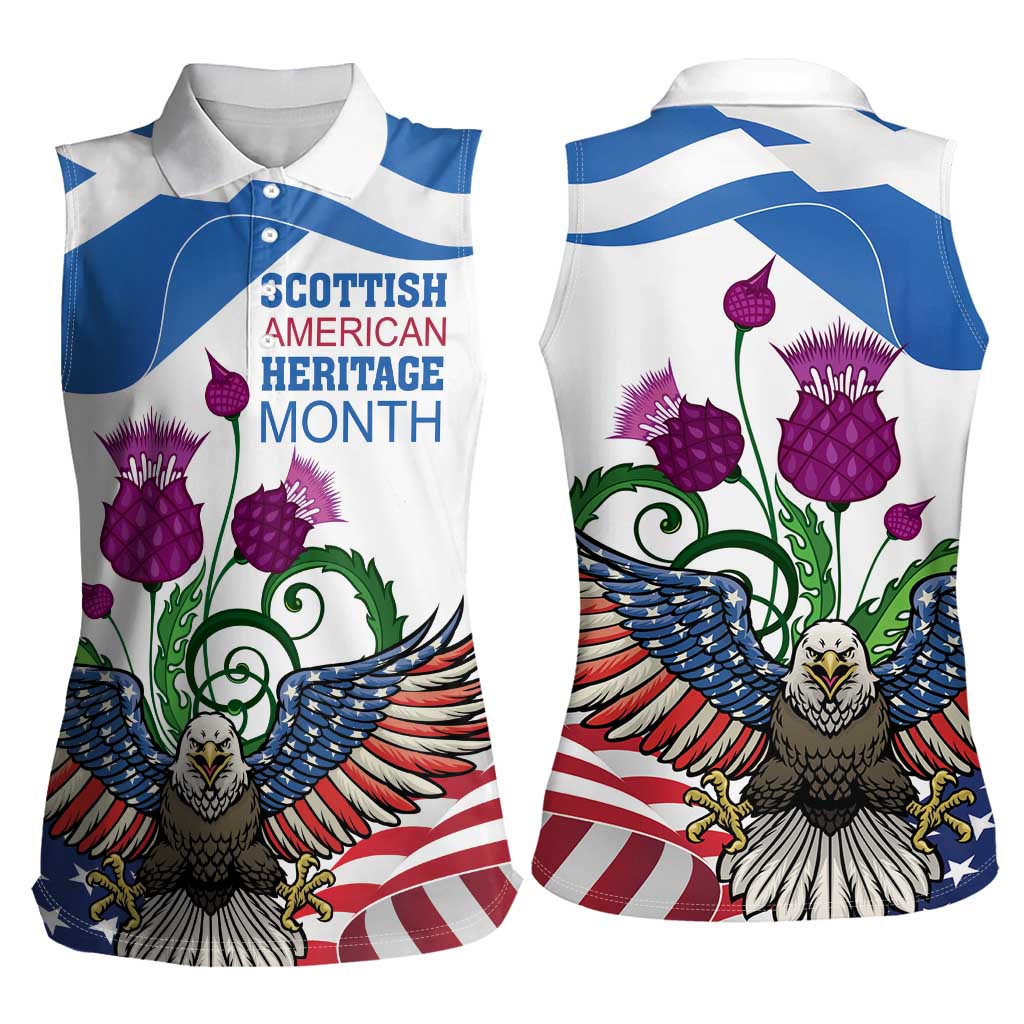 Scottish American Heritage Month Women Sleeveless Polo Shirt Thistle And American Eagle