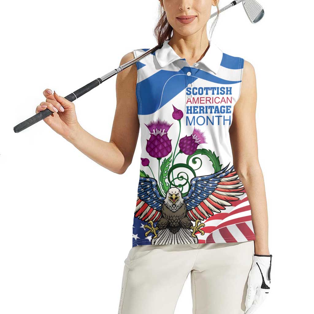 Scottish American Heritage Month Women Sleeveless Polo Shirt Thistle And American Eagle
